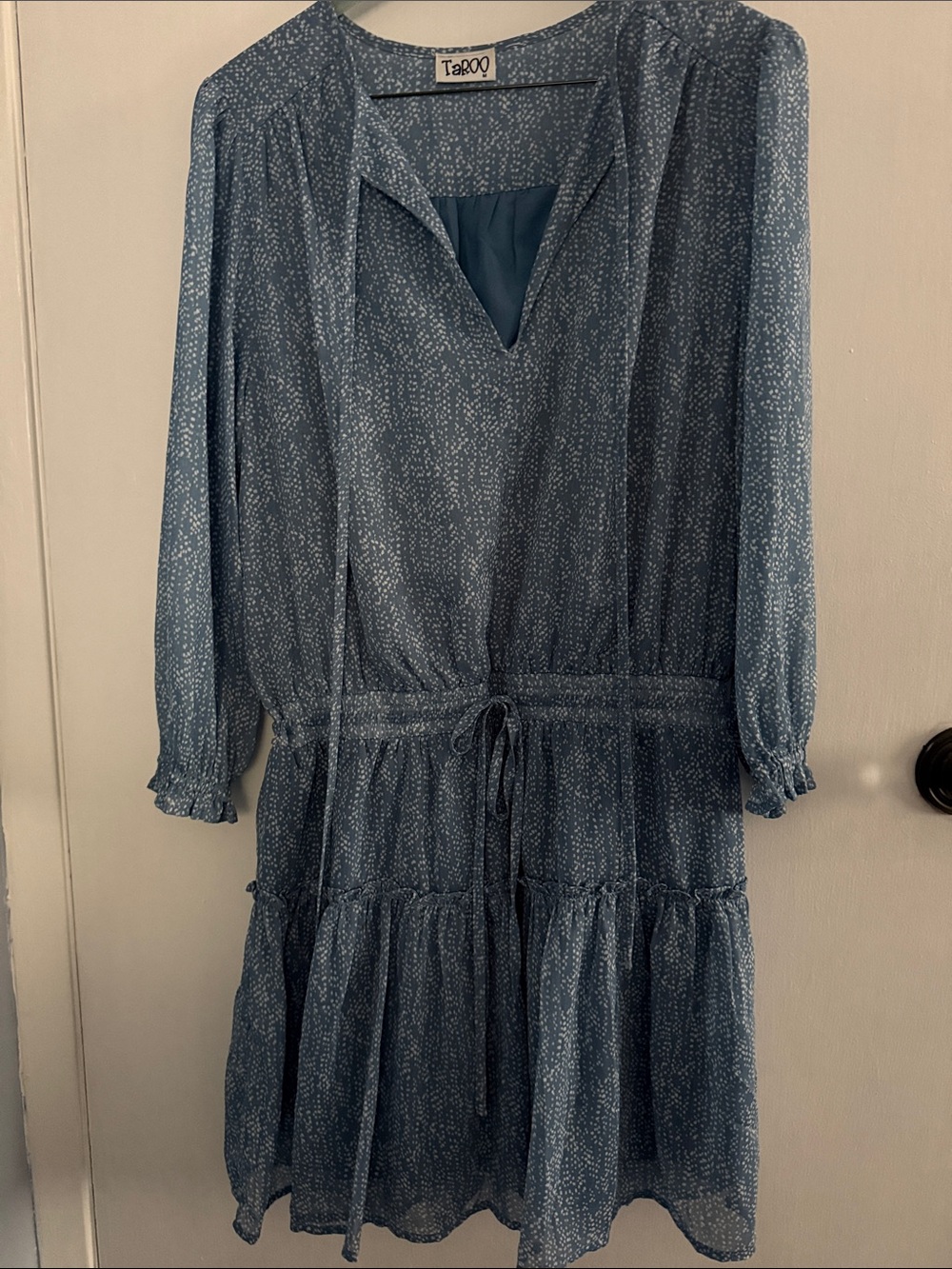 Taboo Dusty Blue Printed V-Neck Tiered Mini Long-Sleeve Dress